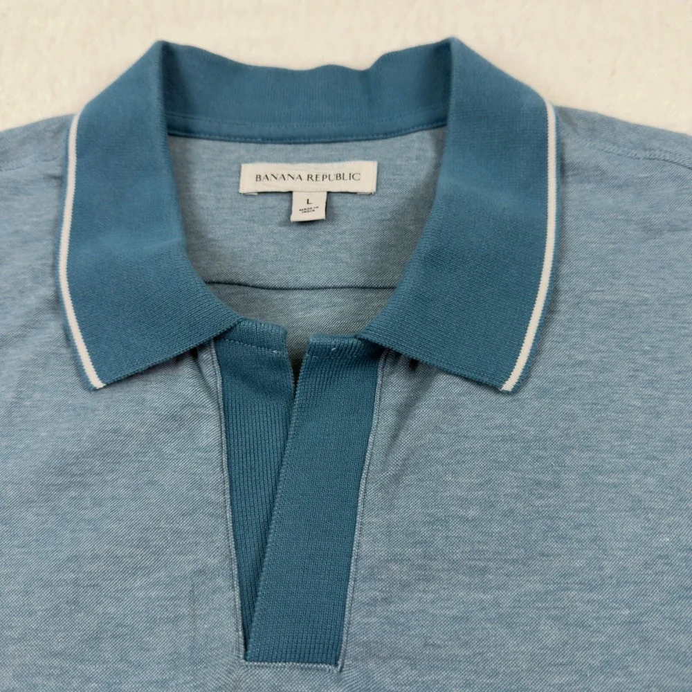 Banana Republic Mens L Blue Heathered Cotton Johnny Collar Polo Shirt Short Slv